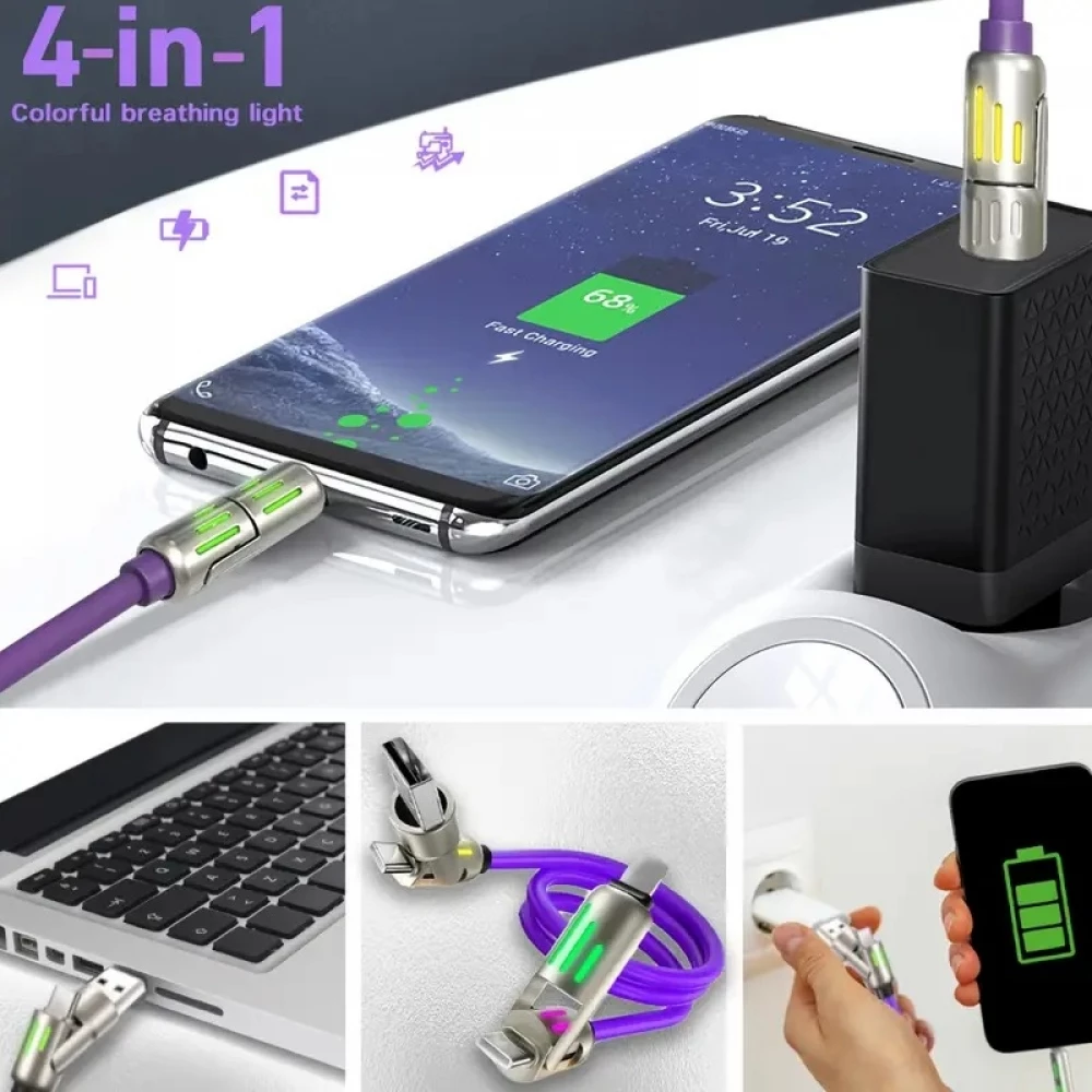 USB 4-in-1 Schnelllade-Kabel 30W | USB-C zu USB anti-verwickelndes Silikon RGB-LED Multi-Geräte-Kompatibilität und langlebig (2 m) - Grau